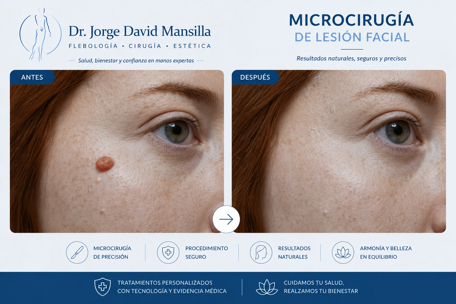 Antes y después de microcirugía de lesión facial